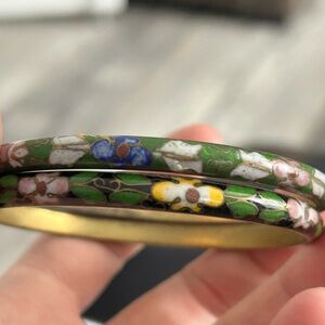 Floral Enamel Bangle Set - Green and Gold Cloisonné bracelet set